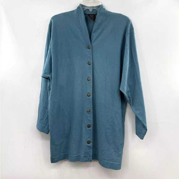 Vintage Mishi 100% Cotton Teal Long Lightweight Cardigan Sweater Pockets Medium - Picture 12 of 13